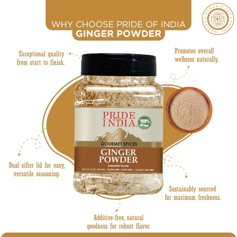 Pride of India | Ginger Fine Ground 6 oz (170 gm) Medium Dual Sifter Bottle | Finely Powdered for Easy Mixing | Perfect for Cookies, Chicken Stir-Fry, Soups, Marinades, Muffins| Fresh Root Powder | Vegan, Gluten-Free, Non-Bioengineered
