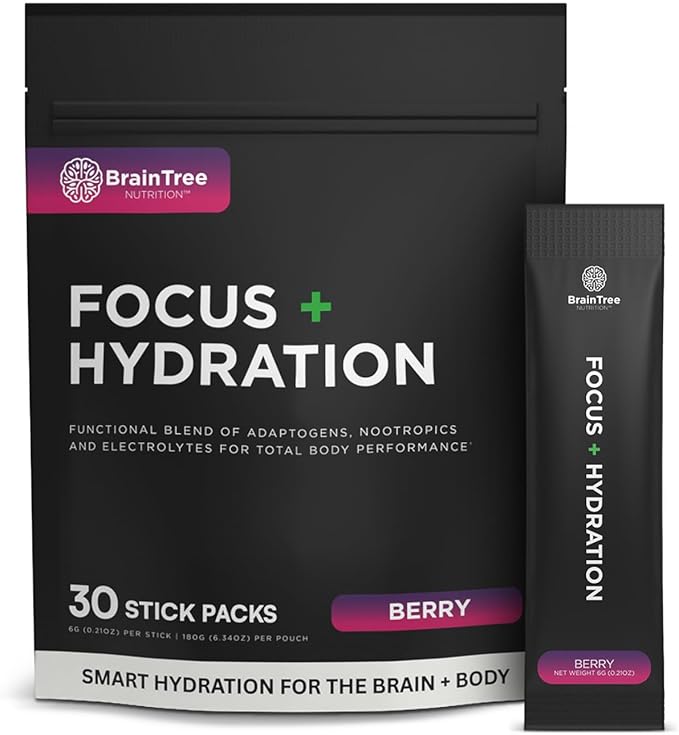 BrainTree Nutrition - Focus + Hydration - Electrolyte Drink Mix - Total Body Hydration - Supports Cognitive Function, Energy & Muscle Recovery - Sugar Free - Berry - 30 Stick Packs