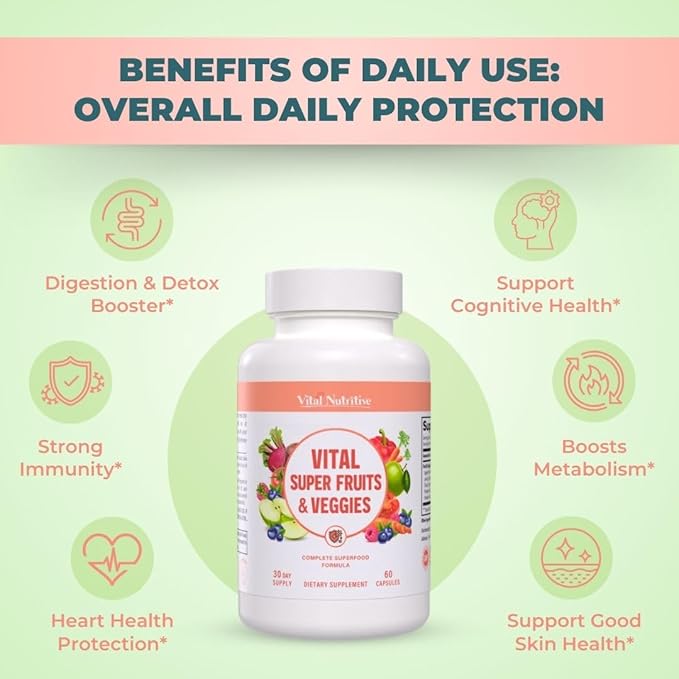 Vital Super Fruits & Veggies - Daily Superfood Capsules for Adults - Fruit & Vegetable Supplements to Boost Immunity & Energy - 2-in-1 Formula for Overall Wellness