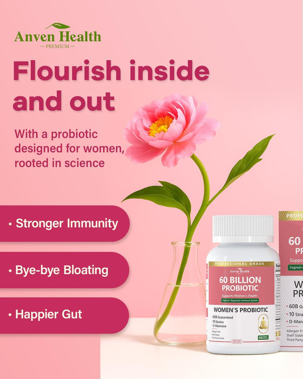 Probiotics for Women Digestive Health - 60 Billion Vaginal Probiotic Organic Prebiotics with Cranberry & D-Mannose for Gut, Urinary, Immune Health, Vegan & Non-GMO | 180 Capsules