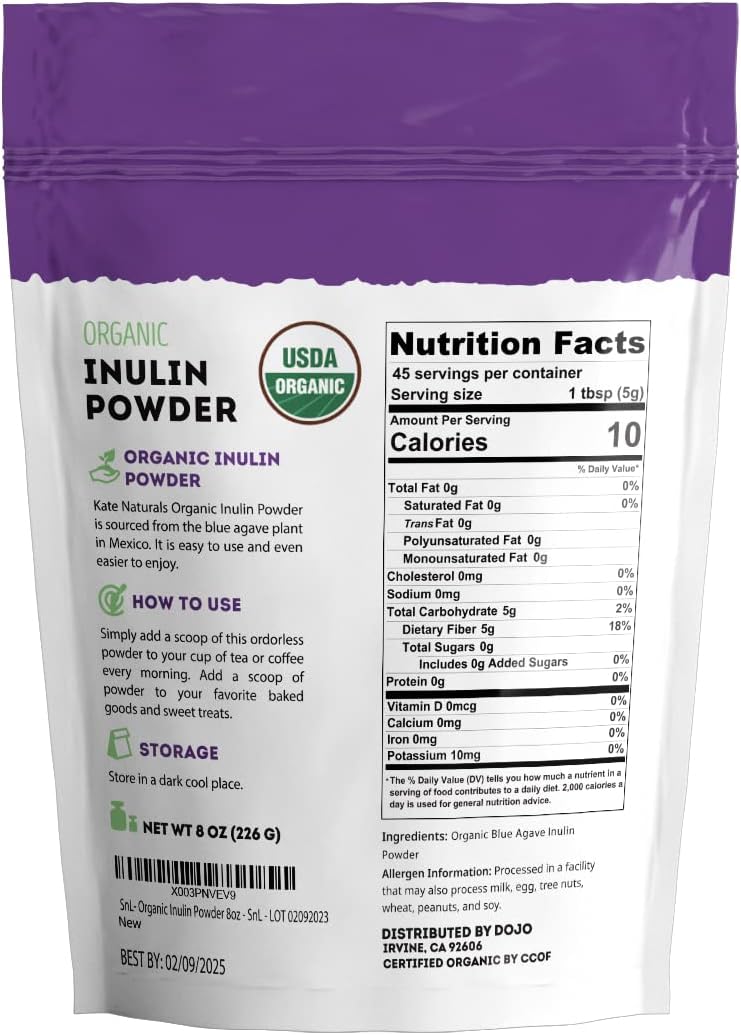 Kate Naturals Inulin Powder Organic from Blue Agave (8oz) Soluble Prebiotic Fiber for Coffee, Yogurt & Smoothies