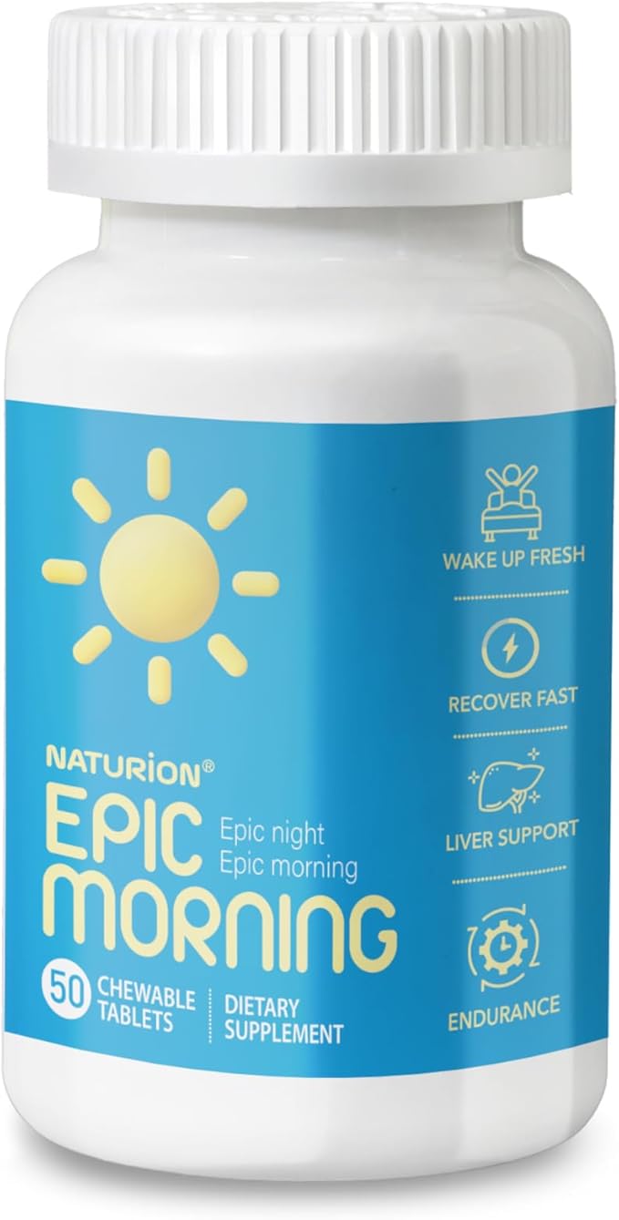 Epic Morning - Liver Detox & Repair Supplement with DHM, Milk Thistle, Vitamin C, B1, B2 & Pomegranate - Natural Pomegranate & Peach Flavor - 50 Chewable Tablets for Liver Support & Morning Recovery