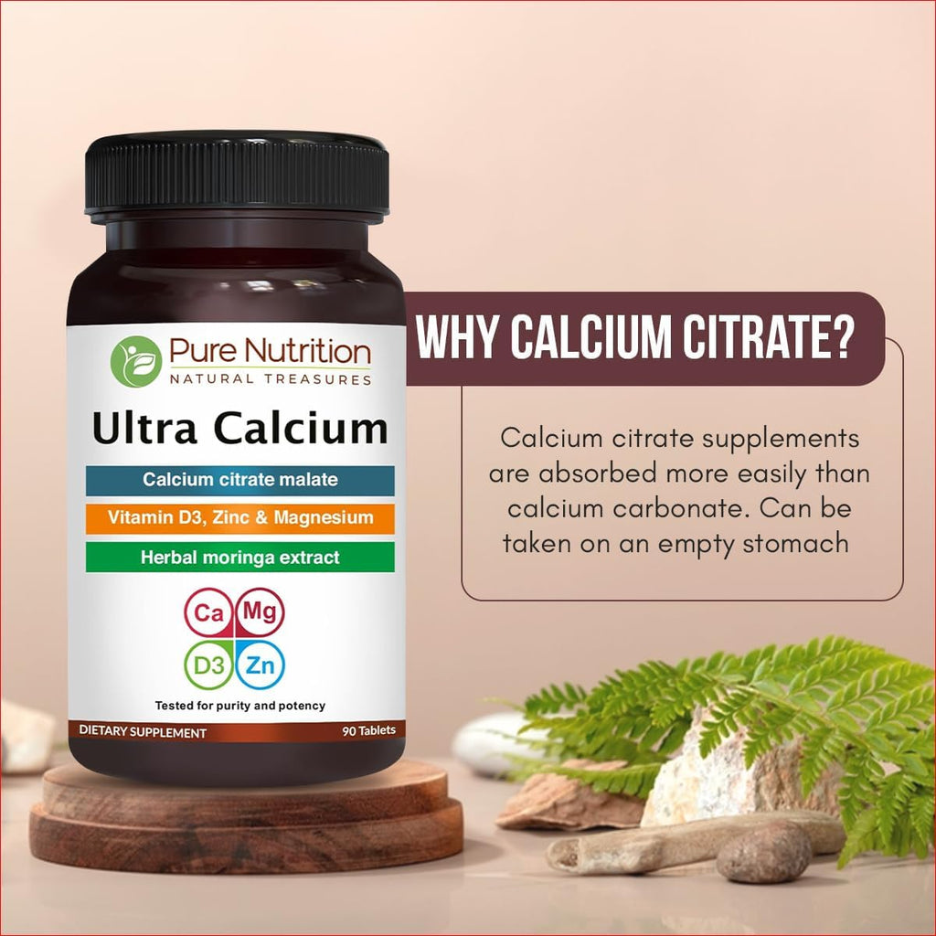 Pure Nutrition Ultra Calcium 1000mg with VIT D3 + K2 | 90 Tab | Highly absorbable Calcium Supplement with Calcium Citrate Malate, VIT D3, K2, Moringa Oleifera, Magnesium and Zinc.
