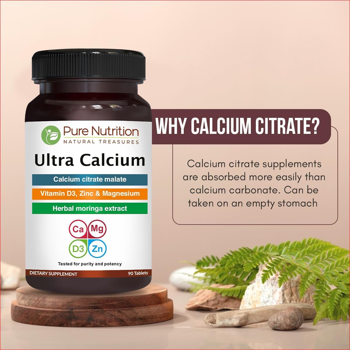 Pure Nutrition Ultra Calcium 1000mg with VIT D3 + K2 | 180 Tabs (90 X Pack of 2) | Highly absorbable Calcium Supplement with Calcium Citrate Malate, VIT D3, K2, Moringa Oleifera, Magnesium and Zinc.