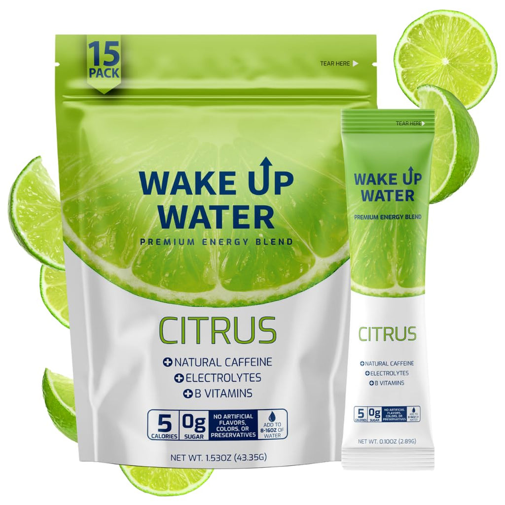 Wake Up Water - Energy + Hydration Sugar Free 15 Packs, Citrus Flavor - Energy Drink Powder, Electrolytes Powder Drink, Natural Caffeine Mix Packet, B Vitamins, 5 Calories, Gluten Free - .10 oz (2.9g)