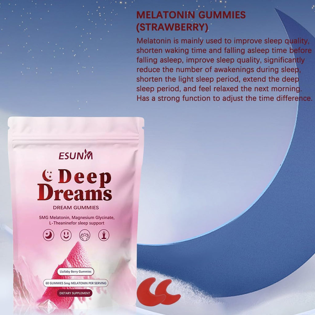 Deep Dream Sleep Gummies with 5mg Melatonin, Magnesium, Glycinate, L-Theanine for Sleep Support- Non-Habit Forming Sleep Supplement,60 Gummies, 30 Day Supply