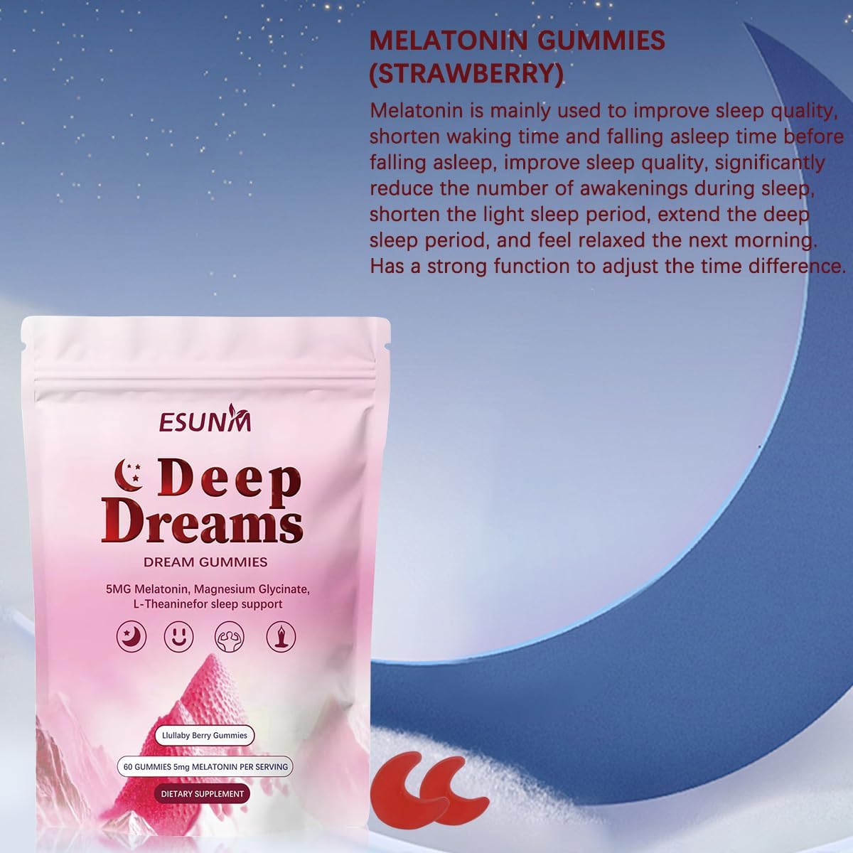 Deep Dream Sleep Gummies with 5mg Melatonin, Magnesium, Glycinate, L-Theanine for Sleep Support- Non-Habit Forming Sleep Supplement,60 Gummies, 30 Day Supply