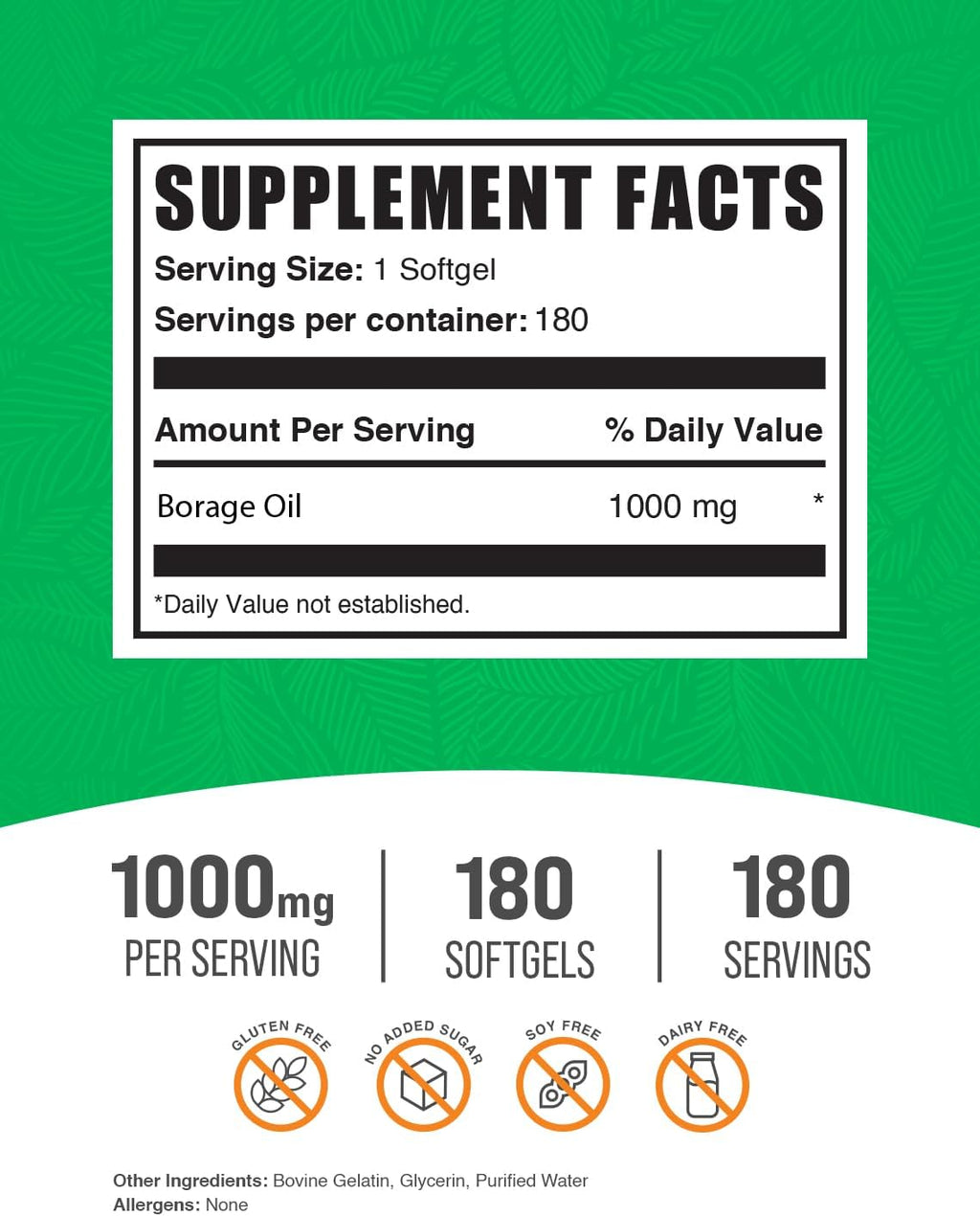 BulkSupplements.com Borage Oil Softgels - Gamma Linolenic Acid Supplement, Borage Oil Supplements, Borage Oil 1000mg - Gluten Free, 1 Softgel per Serving, 180 Count (Pack of 1)
