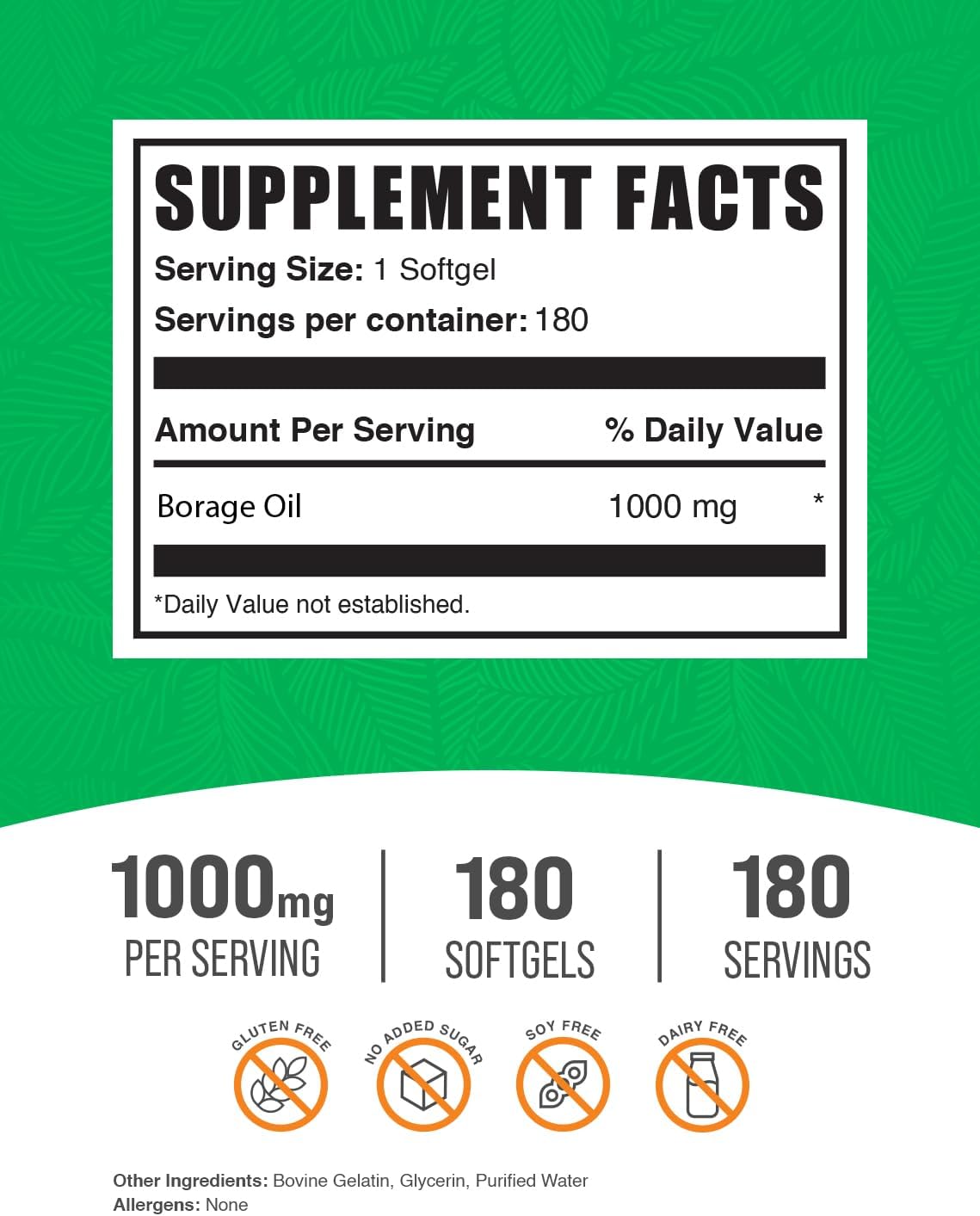 BulkSupplements.com Borage Oil Softgels - Gamma Linolenic Acid Supplement, Borage Oil Supplements, Borage Oil 1000mg - Gluten Free, 1 Softgel per Serving, 180 Count (Pack of 1)
