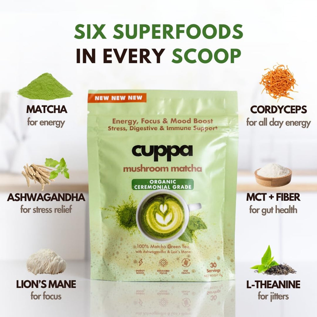 Cuppa Healthy Mushroom Matcha with Lion's Mane & Ashwagandha for All Day Energy & Focus - No Crash or Jitters - Nootropics for Brain Health, Gut Health, Immunity, Stress, Memory + Mood (30 Servings)