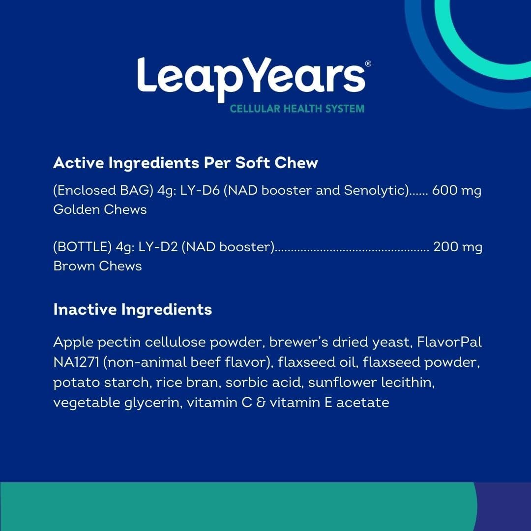 Leap Years Soft Chew Dog Supplement – Supports Healthy Aging, Cognition & Vitality; Veterinarian-Formulated for Brain, Heart & Muscle Health; Powerful NAD Booster & Senolytic Formula, XL Breed