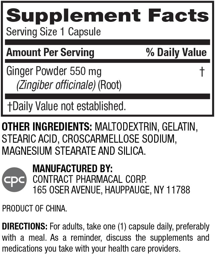 Earth's Splendor Ginger Root 550 mg Supplement for Men & Women, Supports Digestive Health, No Artificial Color or Preservatives (550 mg, 100 Capsules)