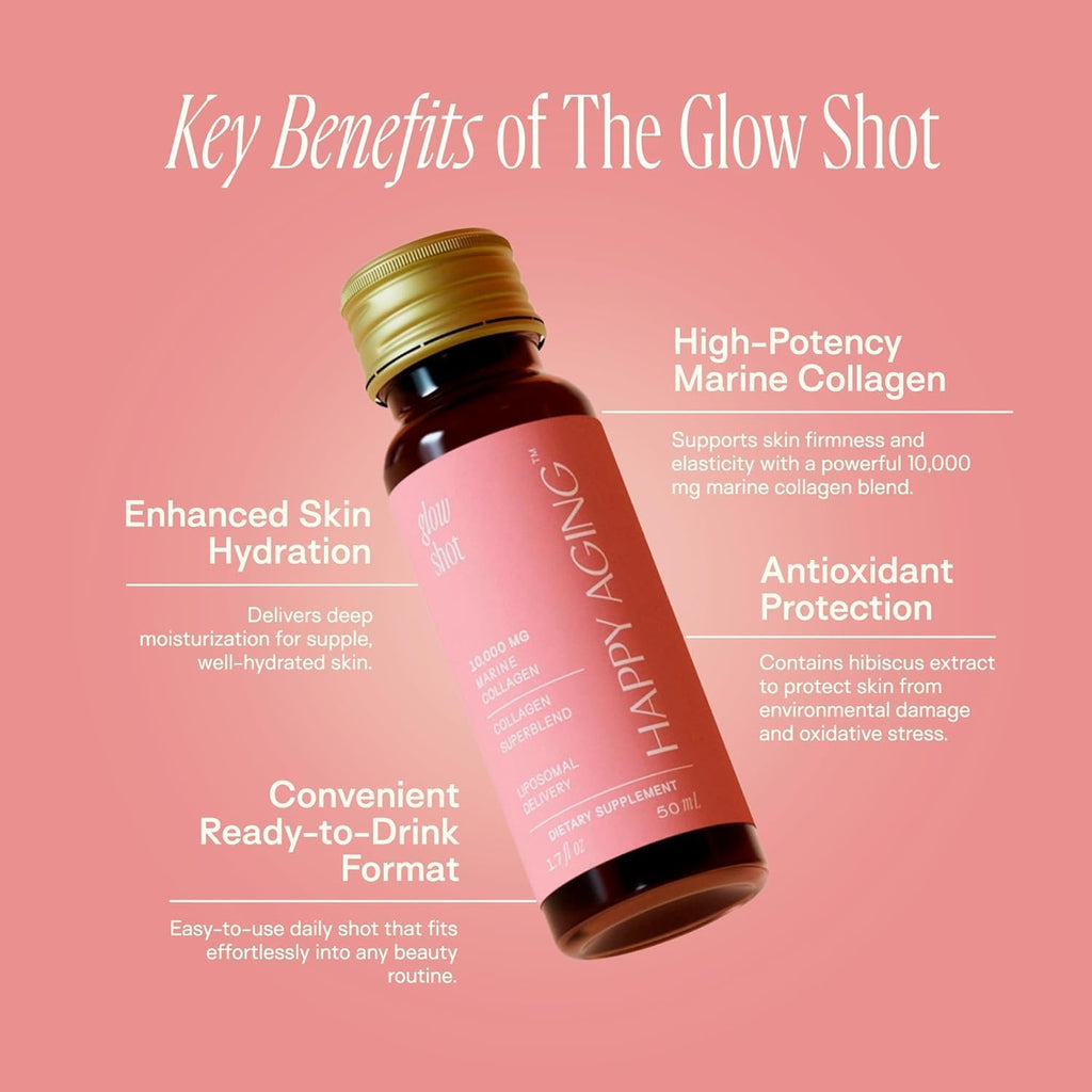 Glow Shot | 10,000mg Marine Collagen Liquid Drink | Advanced Liposomal Collagen for Women | Hydrates Skin | Supports Hair & Nails | Firms & Smooths | Non-GMO | Ready-to-Drink | 10 Shots
