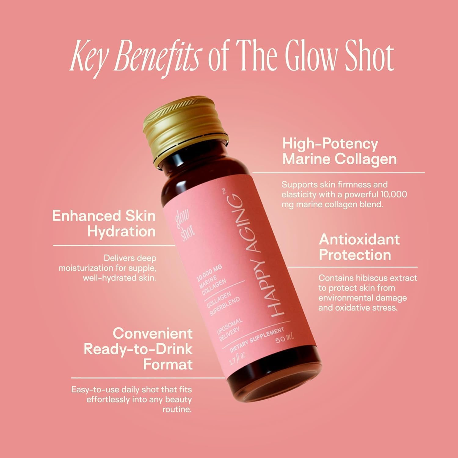 Glow Shot | 10,000mg Marine Collagen Liquid Drink | Advanced Liposomal Collagen for Women | Hydrates Skin | Supports Hair & Nails | Firms & Smooths | Non-GMO | Ready-to-Drink | 10 Shots