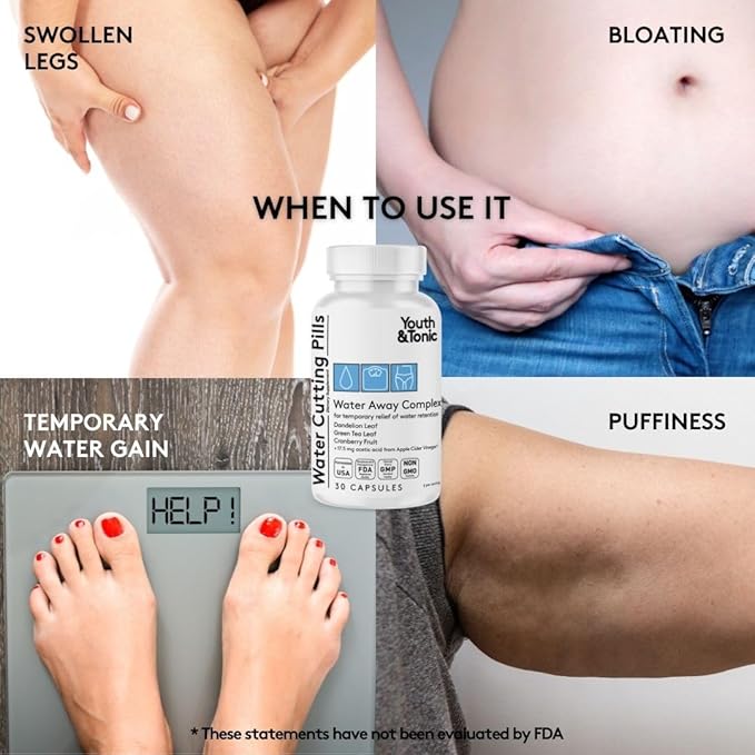Youth & Tonic Water Cutting Pills - Natural Diuretic Complex for Temporary Water Gain, Swelling, Fluid Retention, Puffiness, Swollen Legs, Ankles, Arms, Puffy Eyes. for Men & Women with 30 Capsules
