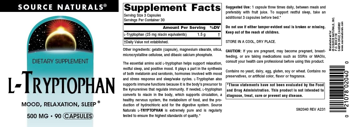 Source Naturals L-Tryptophan, for Mood, Relaxation, and Sleep*, 500mg - 90 Capsules