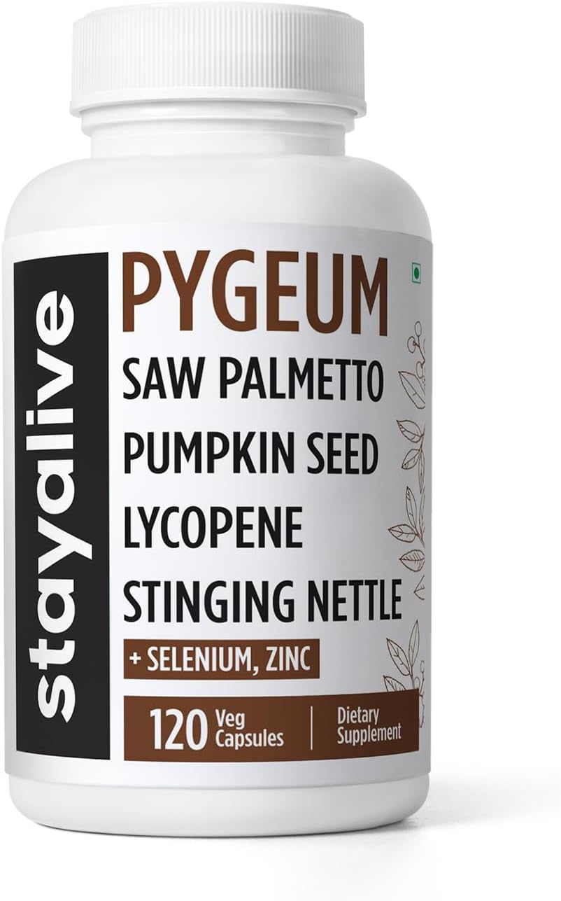 STAY ALIVE Pygeum Africanum Supplement, 7-in-1 Extract w/Saw Palmetto, Pumpkin Seed, Stinging Nettle and Lycopene, 120 Vegan Capsules, Non-GMO and Gluten-Free Pygeum Supplement for Men and Women