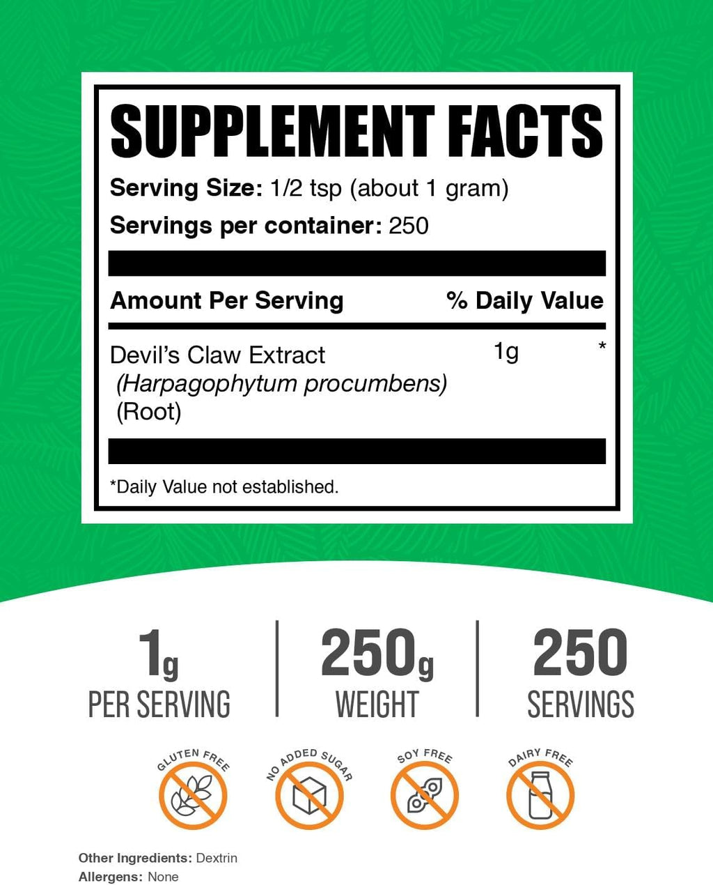 BulkSupplements.com Devil's Claw Extract Powder - from Devil's Claw Root, Herbal Supplement - Vegan & Gluten Free, 1g per Serving, 250g (8.8 oz) (Pack of 1)