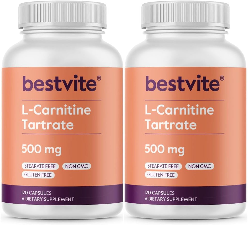 BESTVITE L-Carnitine Tartrate 500mg per Capsule (240 Capsules)(120x2) - No Stearates - Non GMO - Gluten Free