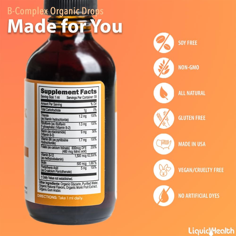 LIQUIDHEALTH USDA Organic Vitamin B Complex Drops for Men & Women - Natural Energy, Improved Focus, Memory & Mood, Immune Support, Metabolism Boost - USA Made, Extra Strength, Sugar Free, Vegan (2 oz)