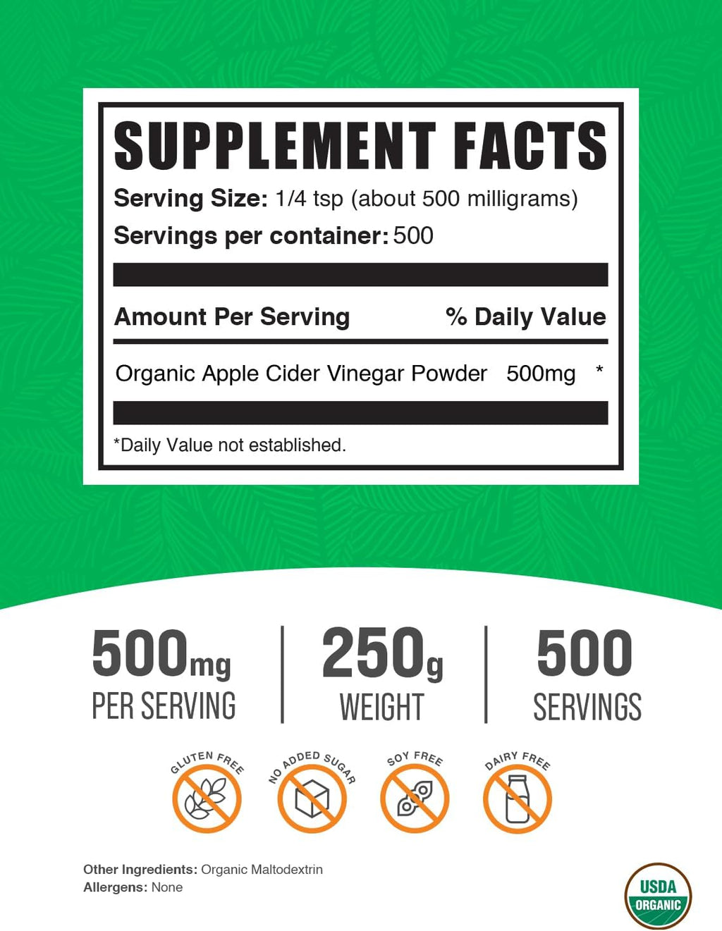 BulkSupplements.com Organic Apple Cider Vinegar Powder - Apple Cider Vinegar Supplement, ACV for Digestive Support - Vegan & Gluten Free, 500mg per Serving, 250g (8.8 oz) (Pack of 1)
