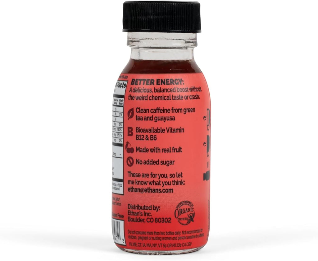 Ethan's Organic Clean Energy Shots Tart Cherry, Sugar Free Natural Pre-Workout Focus Boost, Gluten Free, Vegan, B6 & B12 Vitamin C with Green Tea Extract and Guayusa (2 Pack of 2oz Shots)