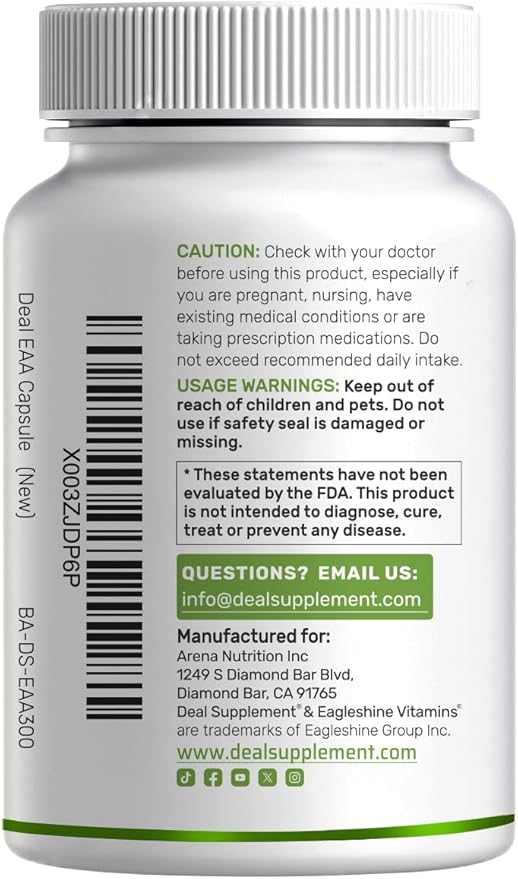 Essential Amino Acids (EAA) 2000mg Per Serving, 300 Capsules – Unflavored - 9 in 1, All BCAAs (Branched-Chain Aminos) – Lean Muscle Support & Natural Pre Workout Supplement