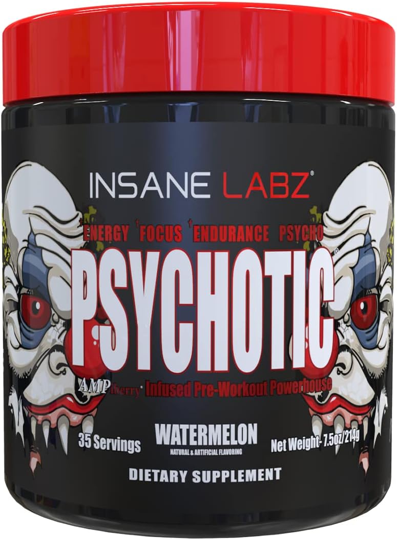 Insane Labz Psychotic, High Stimulant Pre Workout Powder, Extreme Lasting Energy, Focus and Endurance with Beta Alanine, Creatine Monohydrate DMAE, 35 Srvgs (Watermelon)