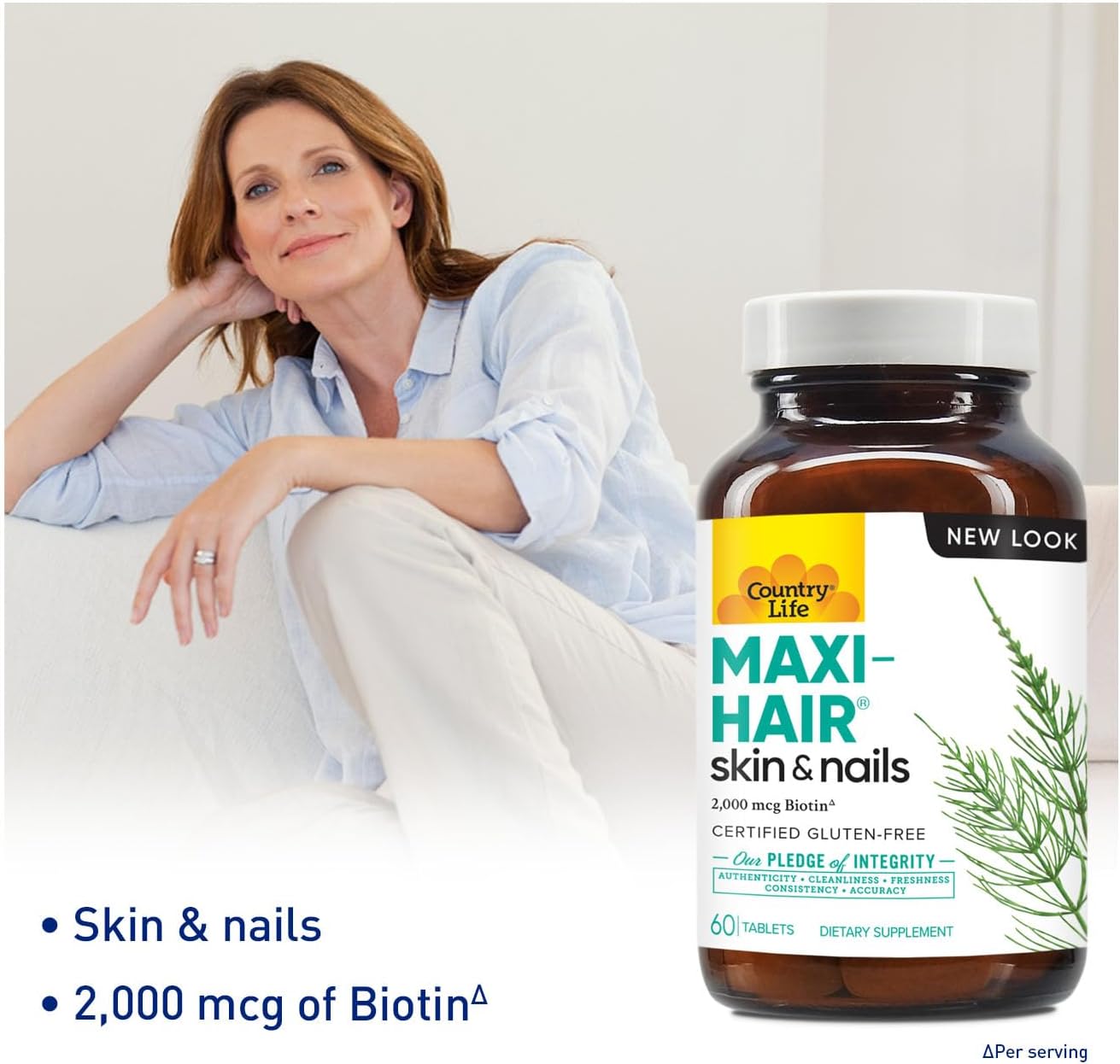 Country Life Maxi-Hair Supplement - 2000mcg Biotin & Vitamins for Hair, Skin & Nails - Certified Gluten-Free & Vegetarian - Supports Hair Growth, 60 Tablets