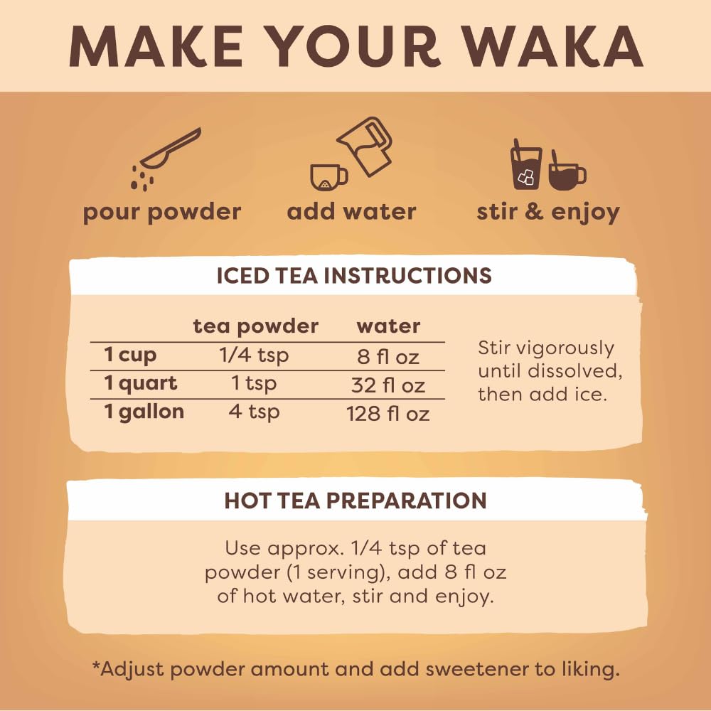 Waka Instant Green Tea Mix, Peach Flavored - 100% Tea Leaves, No Additives, Unsweetened Tea Powder in Bulk Pouch – Easy Quick Hot and Iced Teas, Up to 200 Cups (4.5oz)