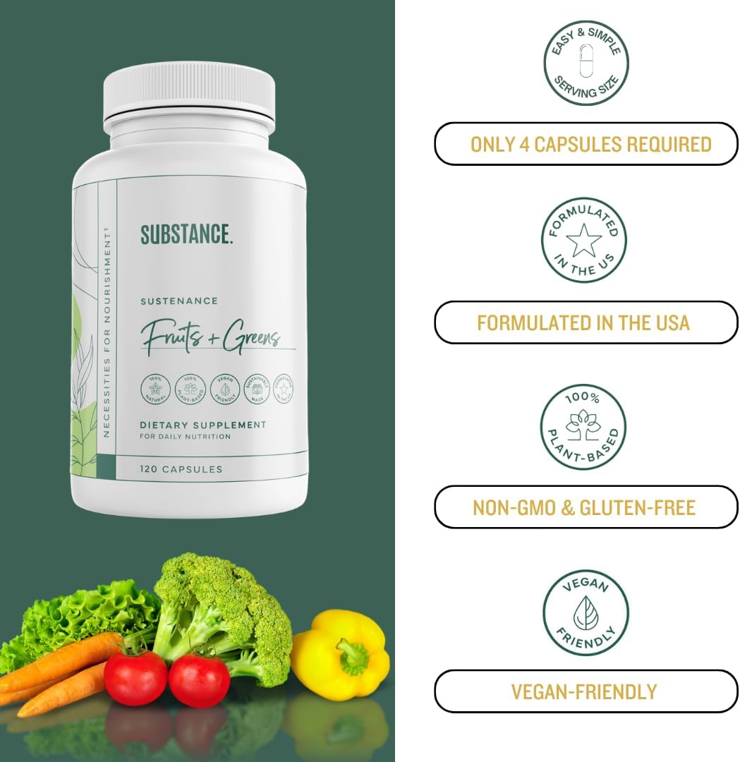 SUBSTANCE. - Nature's Sustenance Daily Greens, Daily Fruit and Veggies Supplement - Enhance Energy, Mental Clarity - Fruits and Vegetables Supplements - US Made, Vegan-Friendly - 30 Servings.