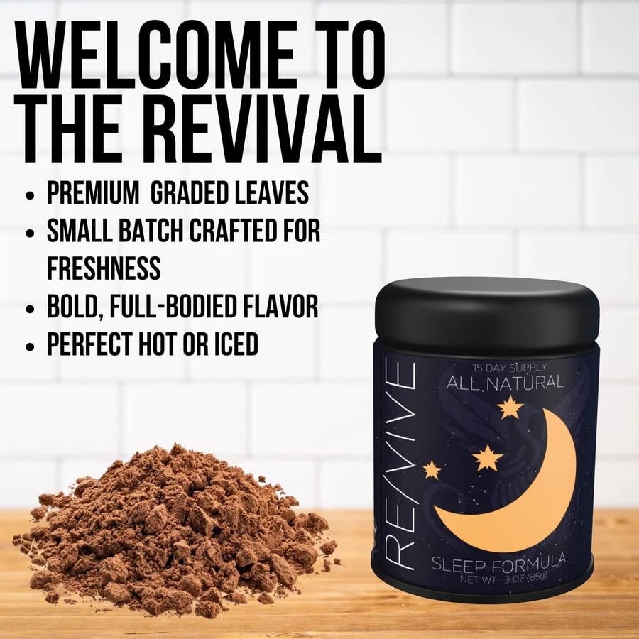 Revival Tea Company RE/VIVE - Mushroom Coffee Alternative Sleep Formula - Herbal Tea made from Peppermint Leaf, Valerian Root, and Mushroom Powder - Caffeine-Free - 3 Ounces