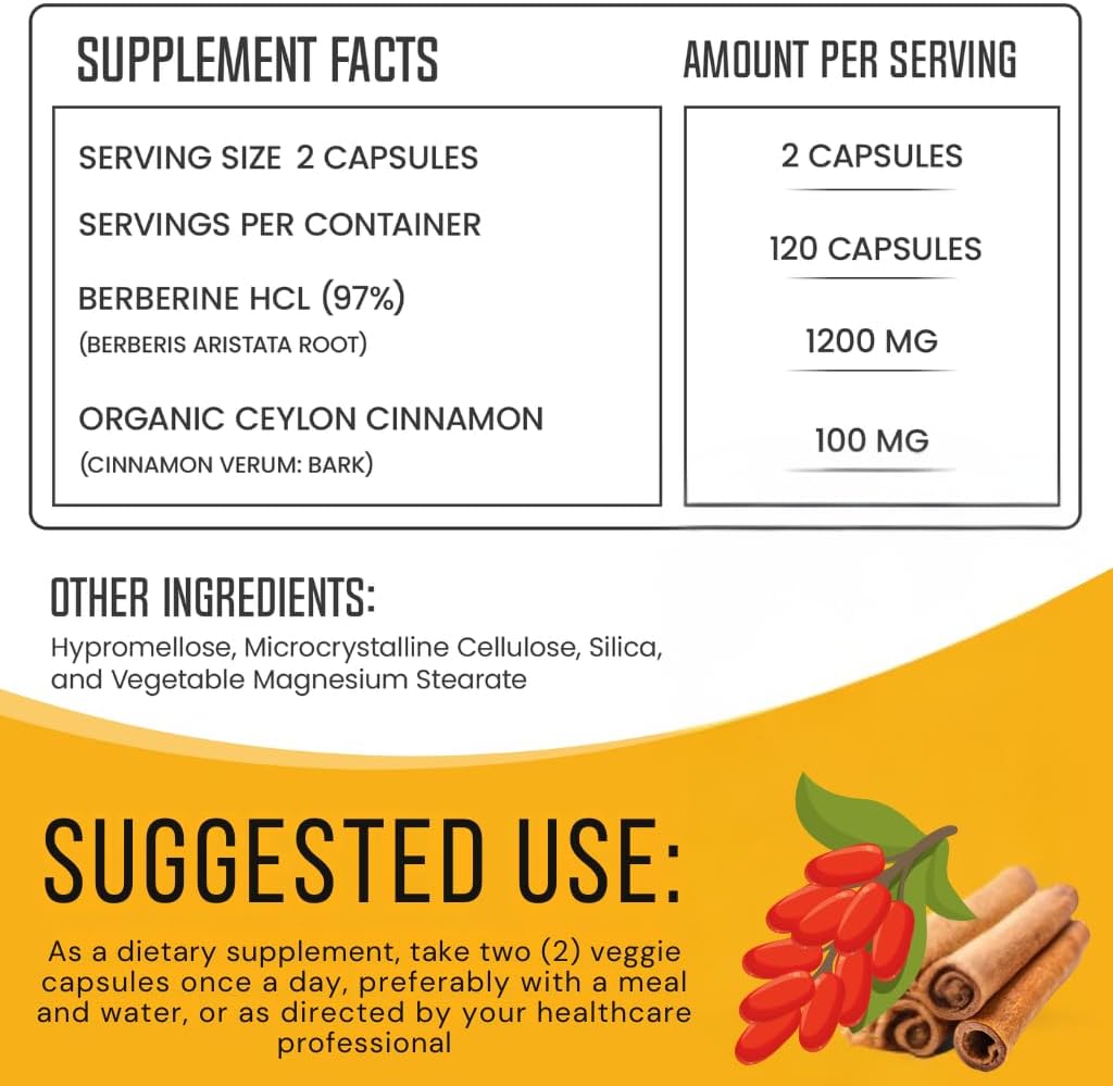 Berberine with Ceylon Cinnamon 1200mg – 97% Purity- Non-GMO, Gluten-Free, Lab-Tested Vegan Berberine Supplement (120 Count)