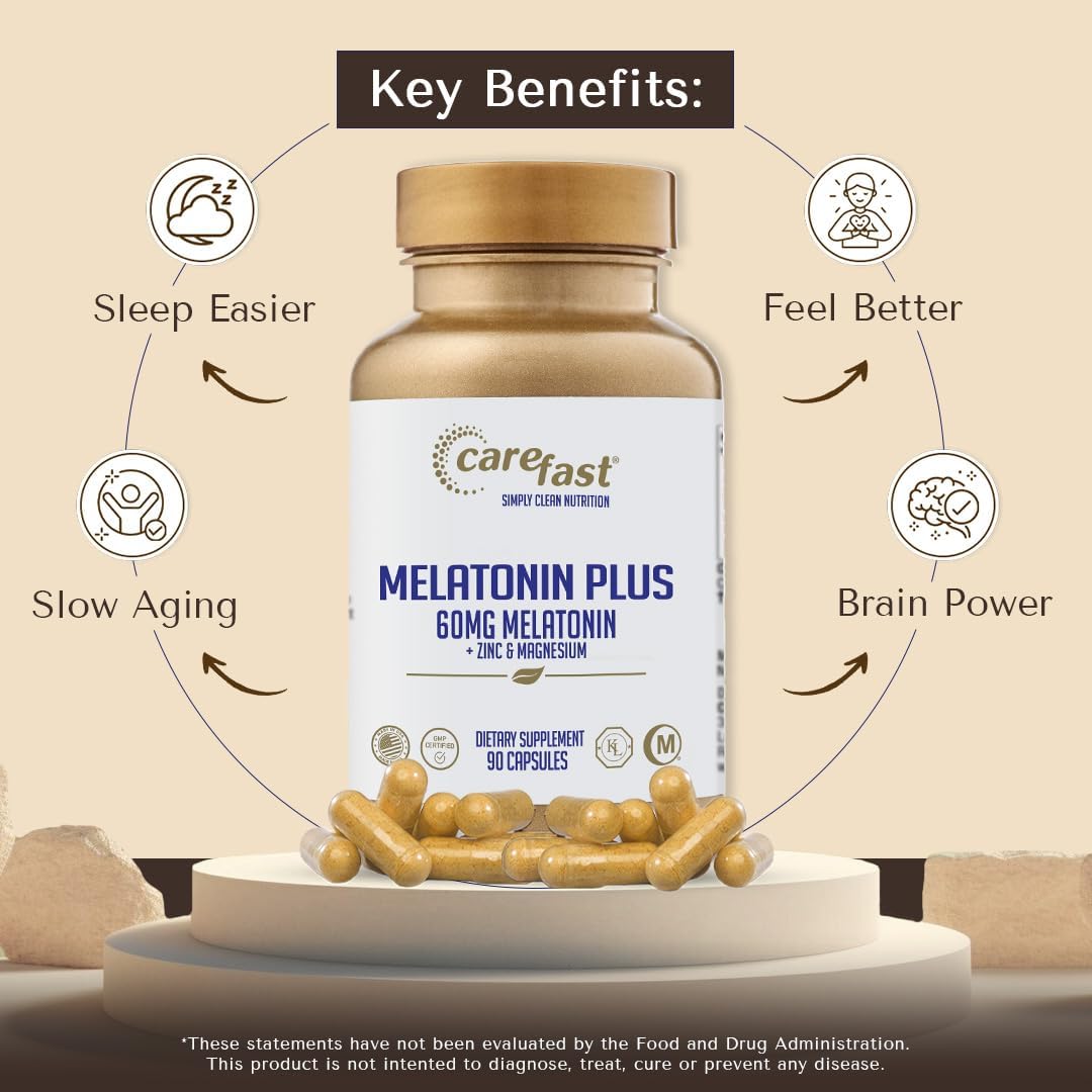 Melatonin Plus - High-Dose 60mg Melatonin with Zinc & Magnesium for Better Absorption - for Holistic Wellness - 180 Veggie Capsules