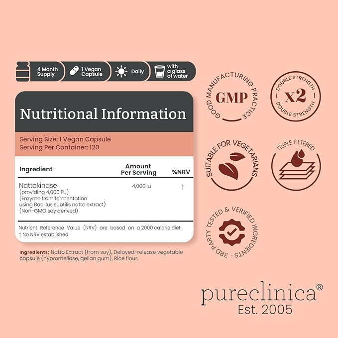 Nattokinase 4,000 FU per Capsule – 120 Vegan Capsules – High Potency – Delayed-Release – Non-GMO Soy-Derived – Clean Label – 4 Month Supply – Pure Enzyme from Bacillus subtilis Natto
