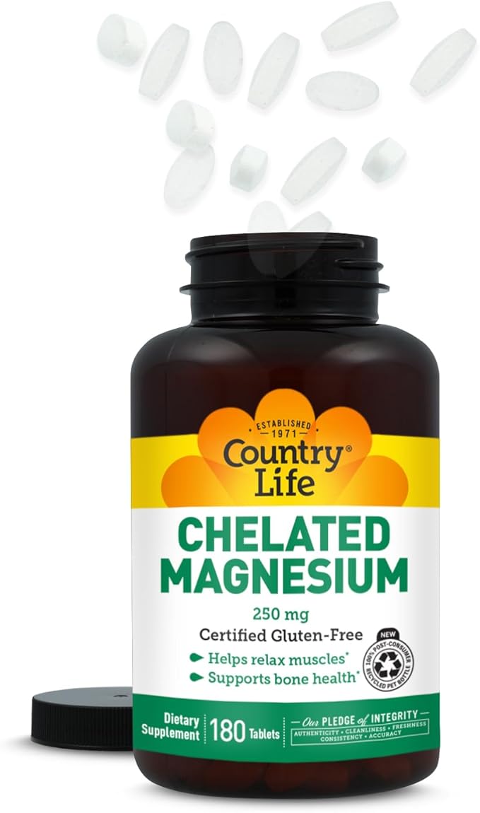 Country Life Chelated Magnesium 250mg - Supports Heart, Bone & Muscle Health, Vegan-Friendly Magnesium Supplement with Magnesium Oxide and Amino Acid Chelate, Gluten-Free