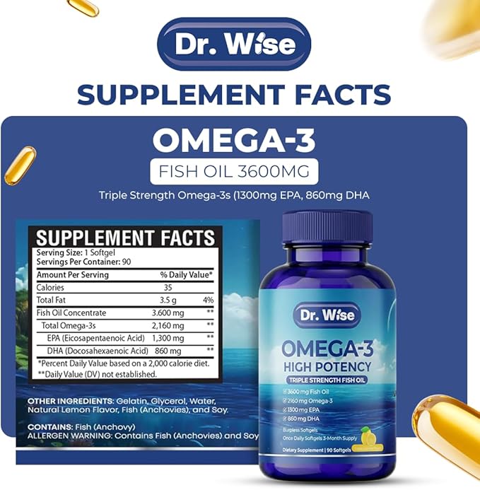 Triple Strength Omega 3 Fish Oil 3600mg – 1300mg EPA & 860mg DHA- Once Daily – Burpless Lemon Flavor, – Supports Heart, Brain, Joint & Eye Health – Wild Caught, Non-GMO, 90 Softgels, 3-Month Supply
