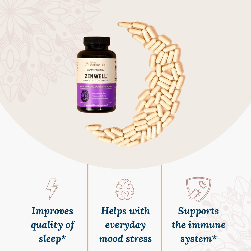 Live Conscious KSM-66 Ashwagandha Supplement w/L Theanine & AlphaWave - ZenWell Everyday Stress Relief, Cognitive, Brain Health - Ashwagandha for Men & Women - 60 Capsules (2-Pack)