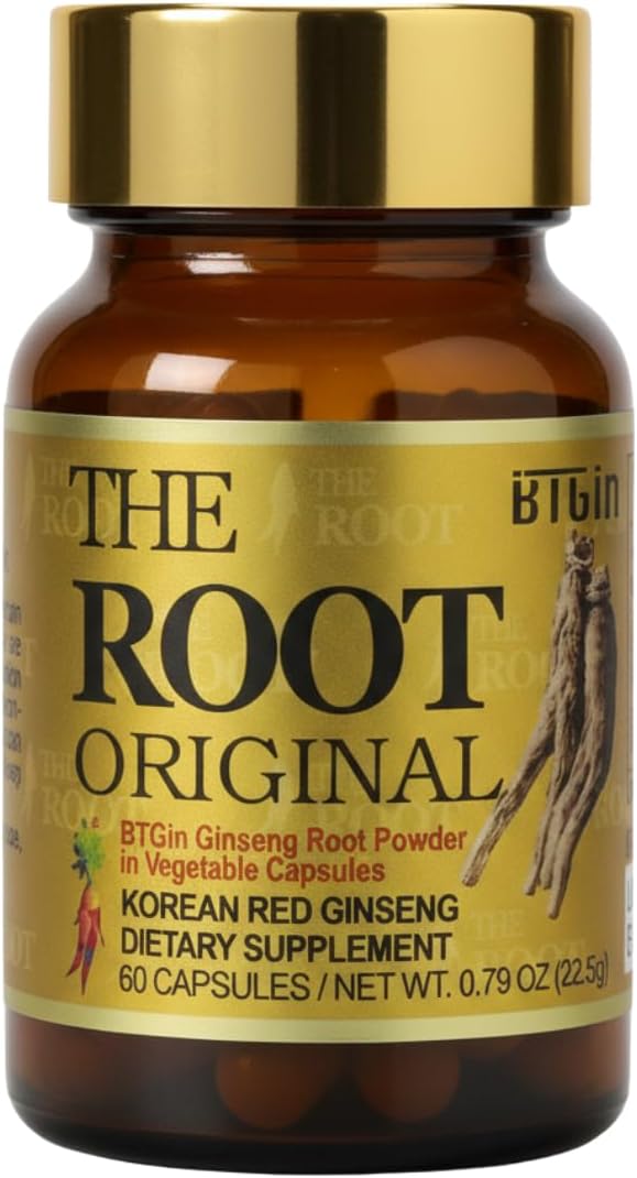 The Root Original Korean Red Panax Ginseng Supplement - 100% Whole Fine Root Powder with Natural Fiber & Minerals - Caffeine Free Stamina, Wellness & Immunity Support - 60 Capsules