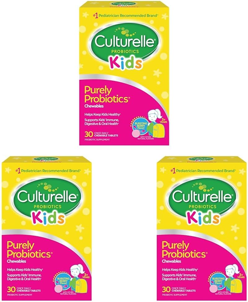 Culturelle Kids Chewable Daily Probiotic for Kids, Ages 3+, 30 Count, #1 Pediatrician-Recommended Brand, Natural Berry Flavored Daily Probiotics for Digestive Health, Oral Care & Immune Support