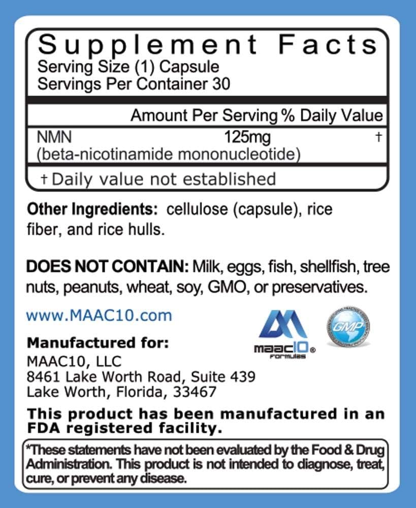 MAAC10 NMN Supplement Real Nicotinamide Mononucleotide (NMN 125mg Capsules). The Most Powerful NAD+ Precursor More Stable Than Riboside. We use 99% Pure Pharmaceutical Grade Stabilized NMN (30 Count)