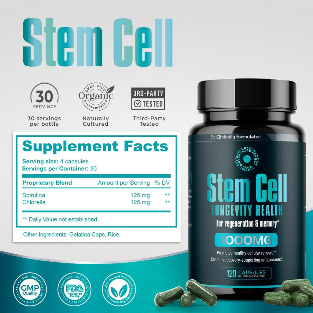 Premium Stem Cell Supplements 1,000mg (240 Caps) Boost Immunity, Reduce Joint Soreness, Support Natural Anti-Aging & Longevity with Spirulina & Chlorella for Vitality, Celulas Madre Health Formula