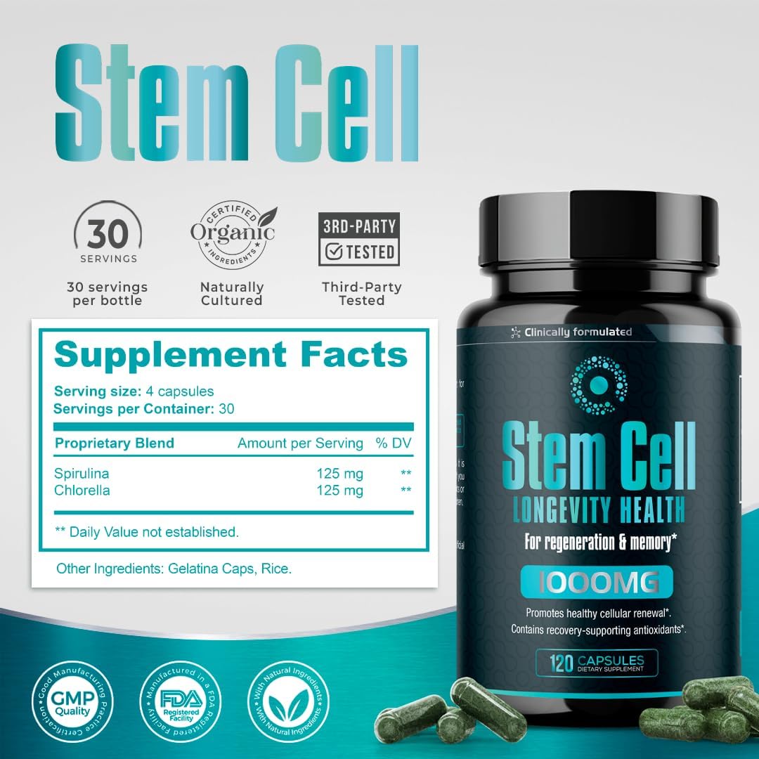 Premium Stem Cell Supplements 1,000mg (240 Caps) Boost Immunity, Reduce Joint Soreness, Support Natural Anti-Aging & Longevity with Spirulina & Chlorella for Vitality, Celulas Madre Health Formula