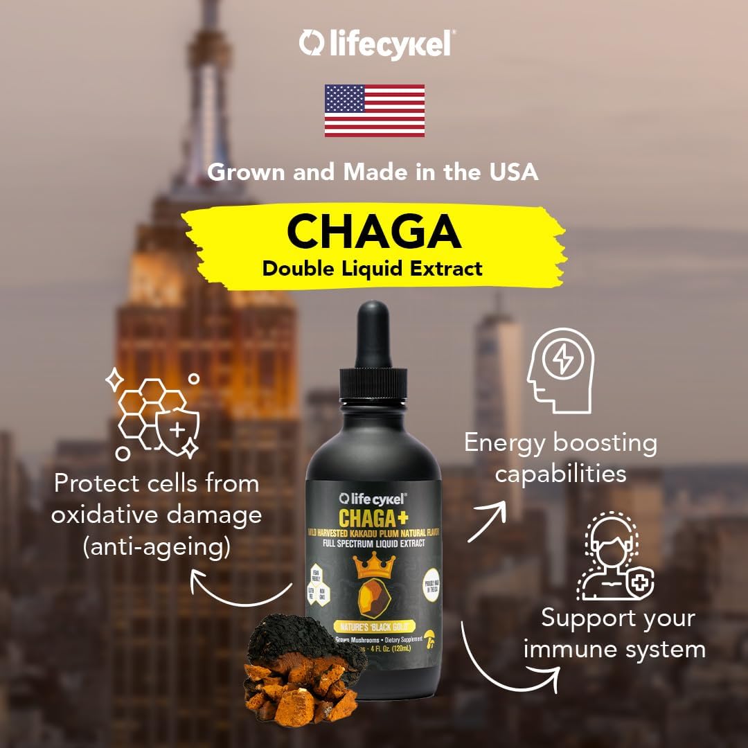 Life Cykel - Chaga Mushroom Extract with Kakadu Plum - Double Extracted Mushroom Tincture - Non-GMO Immune Support Supplement for Adults and Kids - 2 Fl Oz
