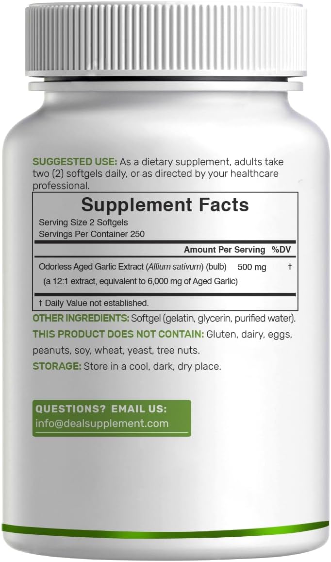 DEAL SUPPLEMENT Odorless Aged Garlic Pills, 6,000mg Per Serving, 500 Softgels – 24:1 Garlic Oil Extract – Fresh Allium Sativum Bulb Source – Heart & Immune Antioxidant Supplements – Non-GMO