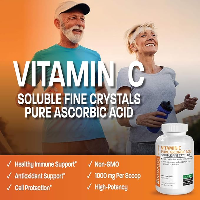 Bronson Vitamin C Powder Pure Ascorbic Acid Soluble Fine Non GMO Crystals – Promotes Healthy Immune System and Cell Protection – Powerful Antioxidant - 1 Pound (16 Ounces)