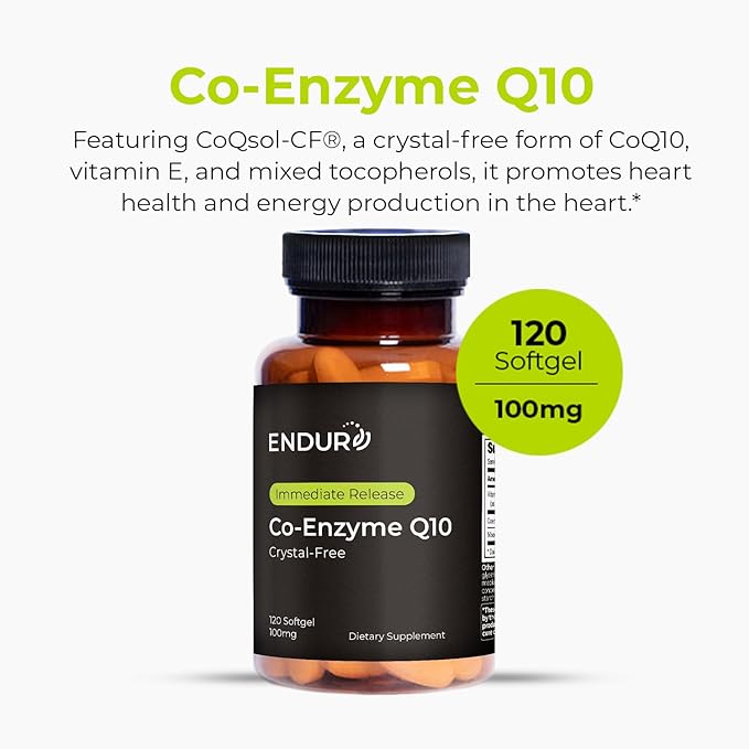 Endurance Products Endur Crystal-Free Co-Enzyme Q10, Heart & Antioxidant Defense Supplement, Helps Support Energy Production, Gluten Free, 100mg (120 Softgels)