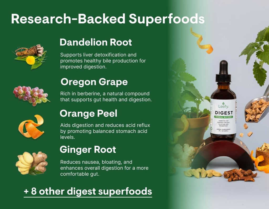 Leefy Organics Digest 2 oz - Herbal Bitters for Digestion and Stomach Relief - Powerful Digestive Aid with Ginger, Dandelion and Gentian - Easy Digestion for Men and Women