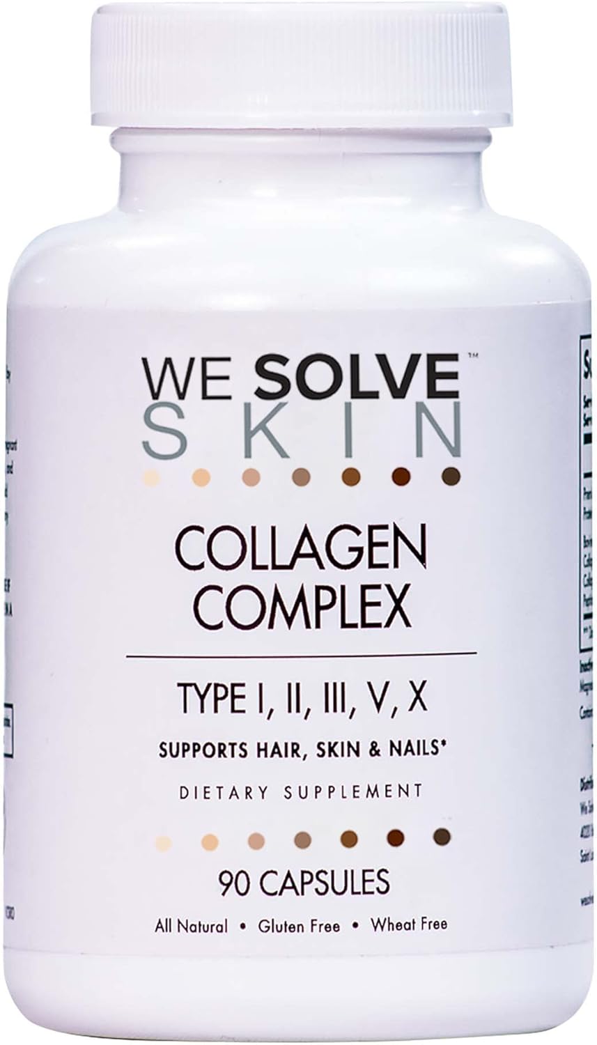Multi Collagen Peptides Pills for Women & Men – Types I, II, III, V, X – Hydrolyzed Marine & Chicken Collagen – Bovine Collagen I & III – Hair, Skin, Nails, Joints & Bones – Gluten-Free – 90 Capsules