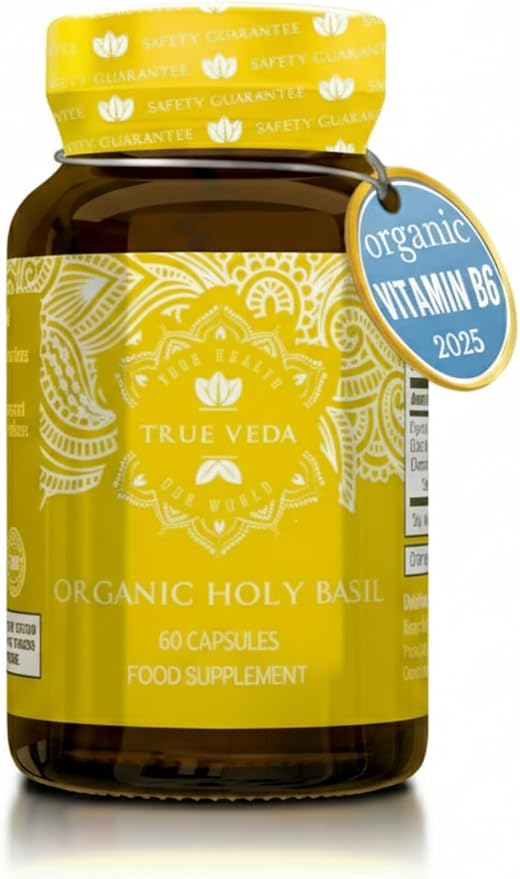 True Veda Holy Basil Leaf Capsules | USDA Organic | Tulsi Holy Basil Supplement | Organic Vitamin B6 | High Strength 2.5% Ursolic Acid Extract | 60 Vegan Pills